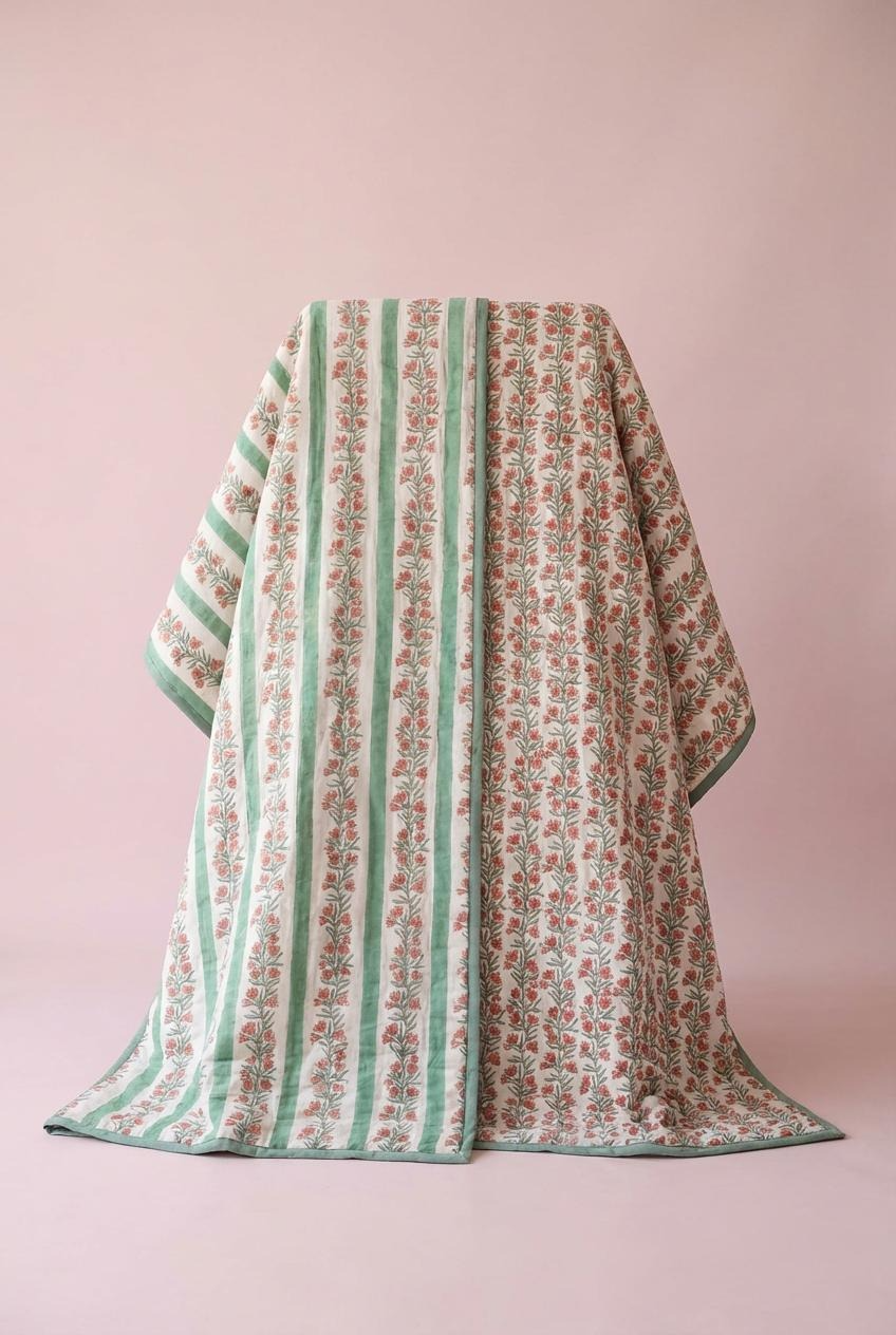 Green Floral and Stripe Bed Quilt