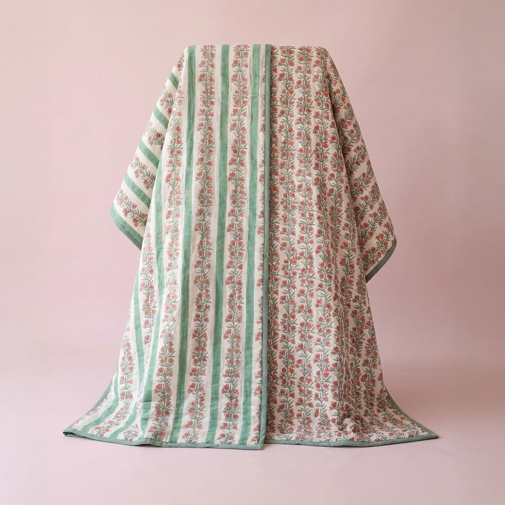 Green Floral and Stripe Bed Quilt