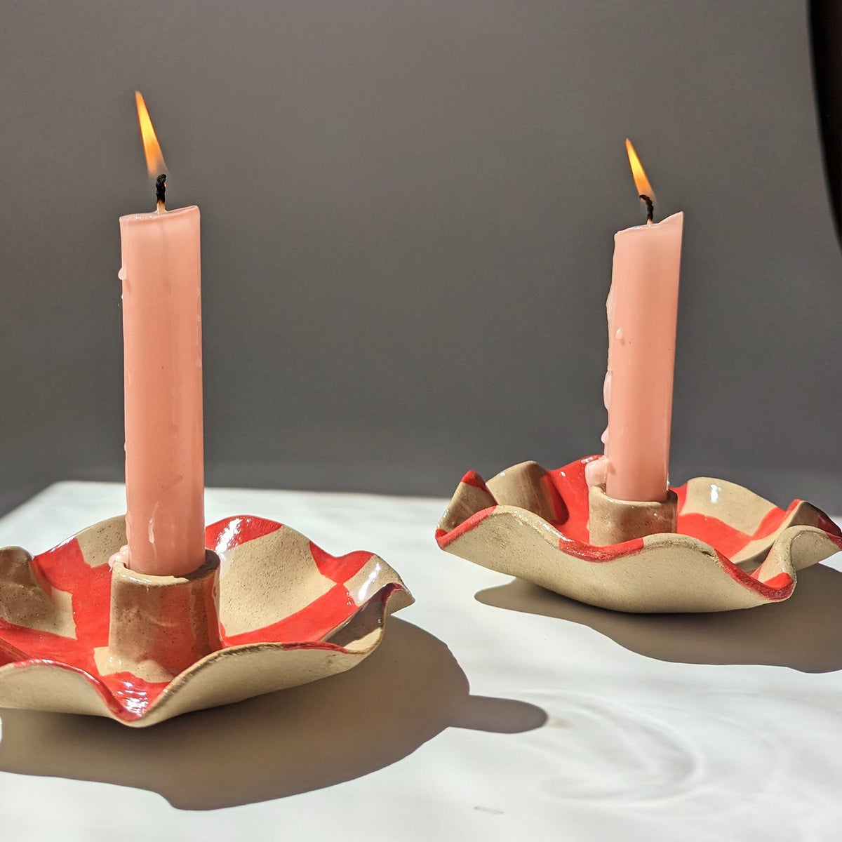 Red Check Scalloped Candle Holders