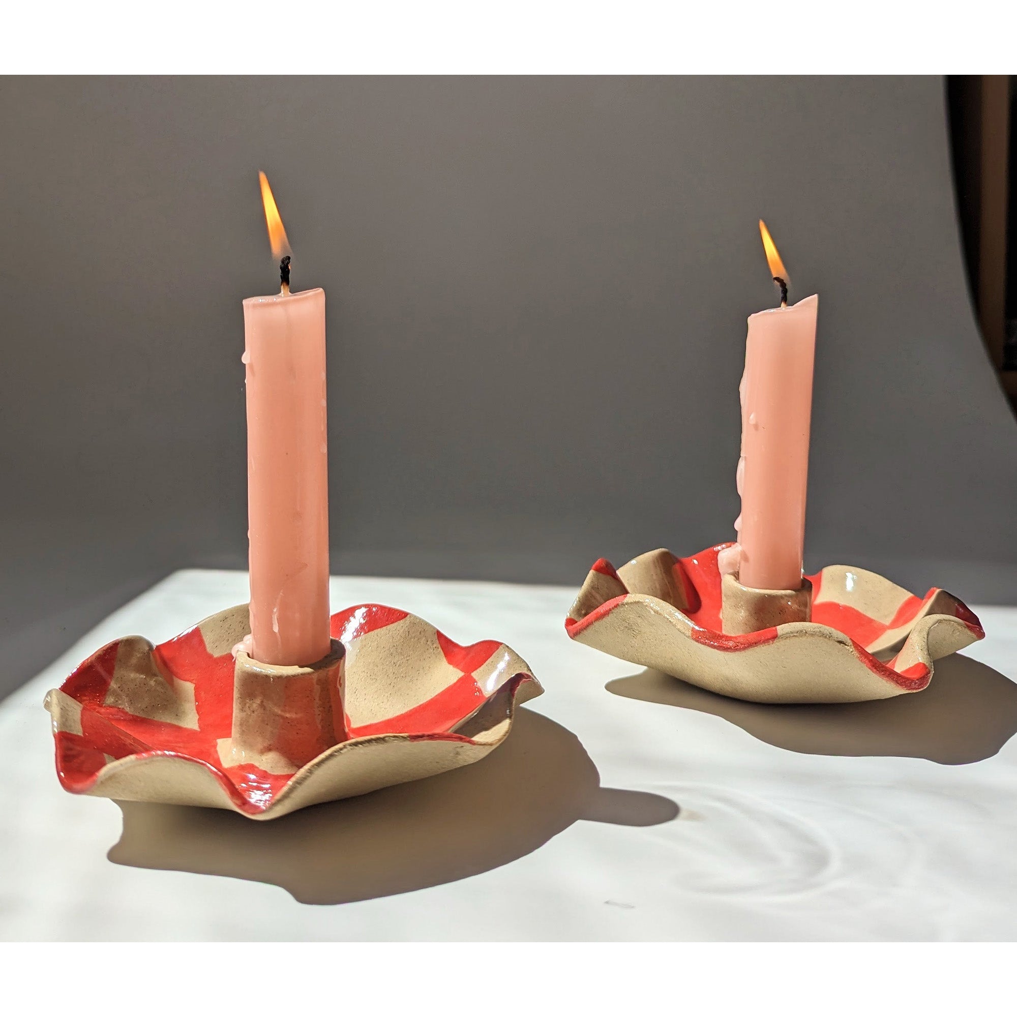 Red Check Scalloped Candle Holders