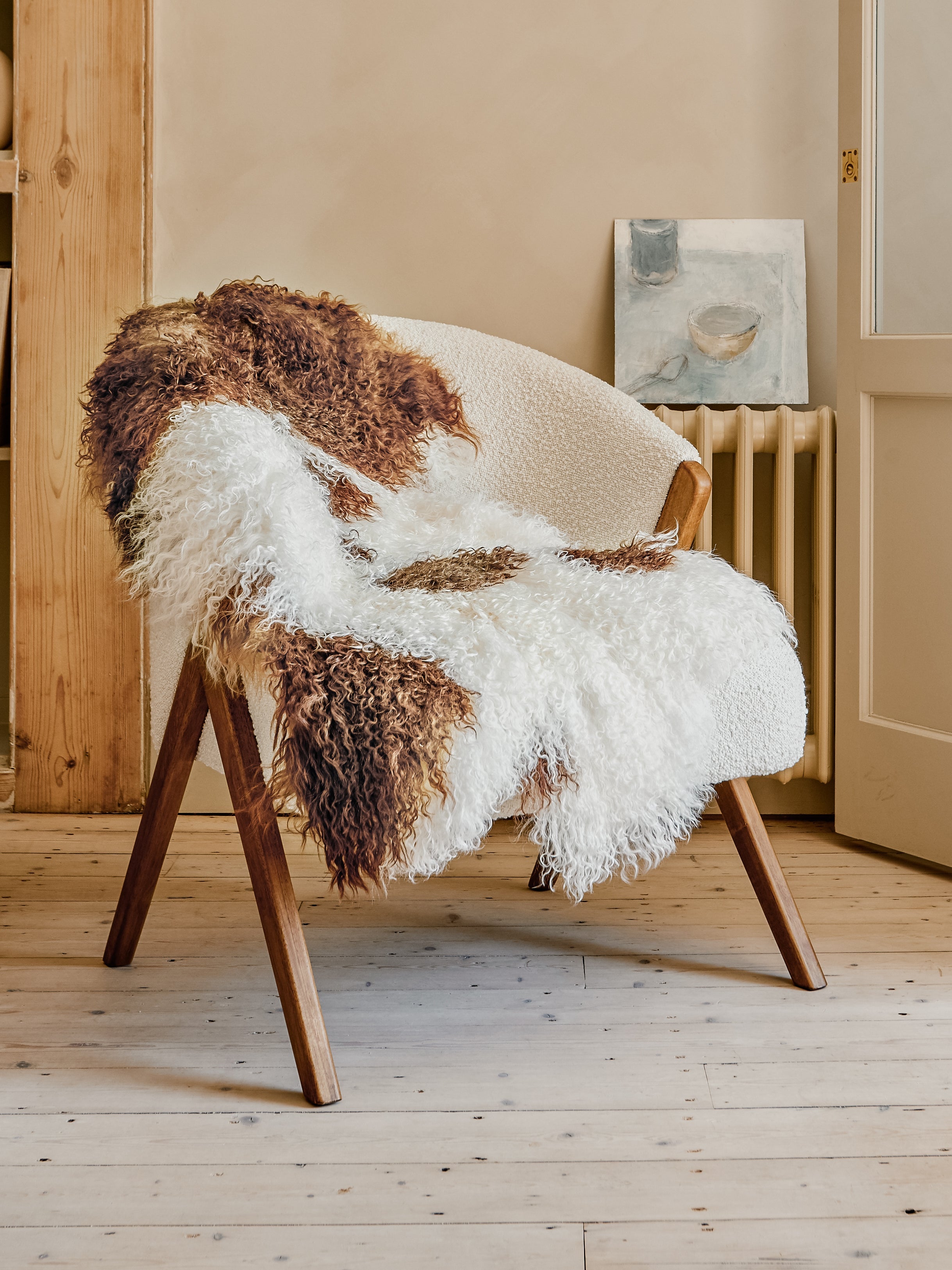 Tibetan Sheepskin Rug - White & Brown