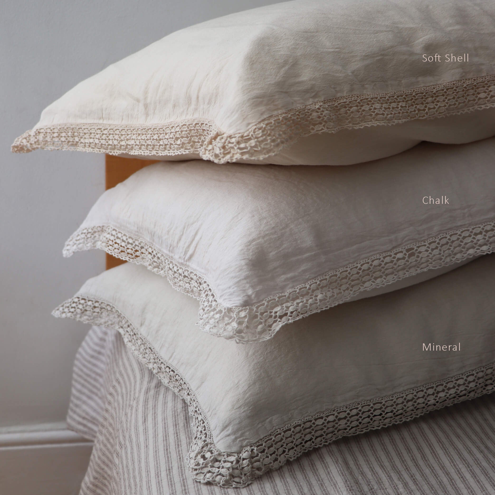 Washed Linen Cotton  Oxford Pillowcase with Lace Edge - Mineral