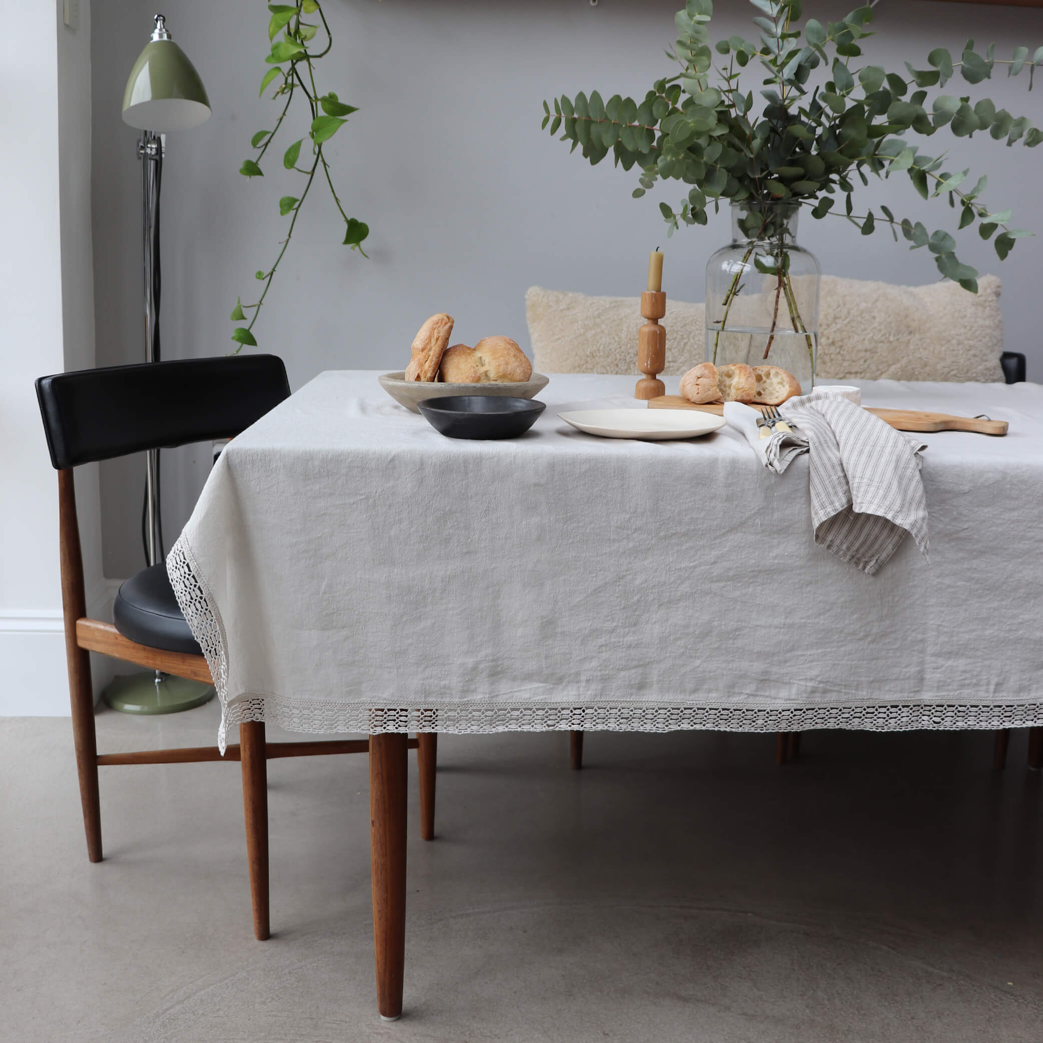 Washed Linen Cotton Tablecloth with Lace edge - Mineral