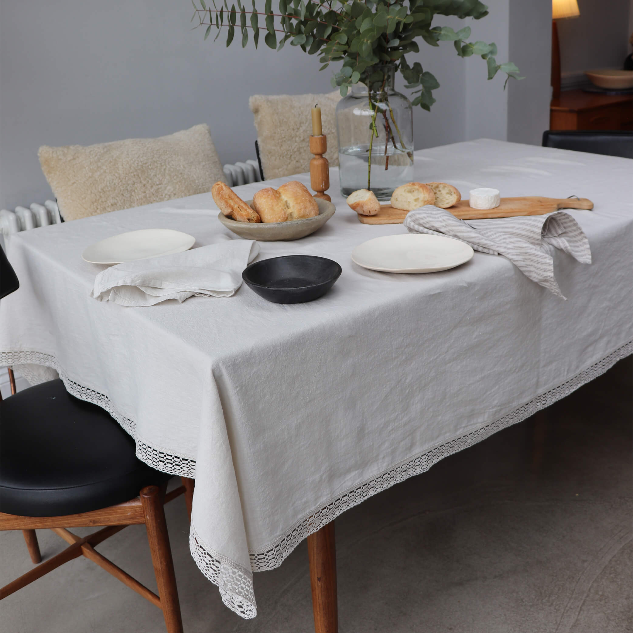 Washed Linen Cotton Tablecloth with Lace edge - Mineral