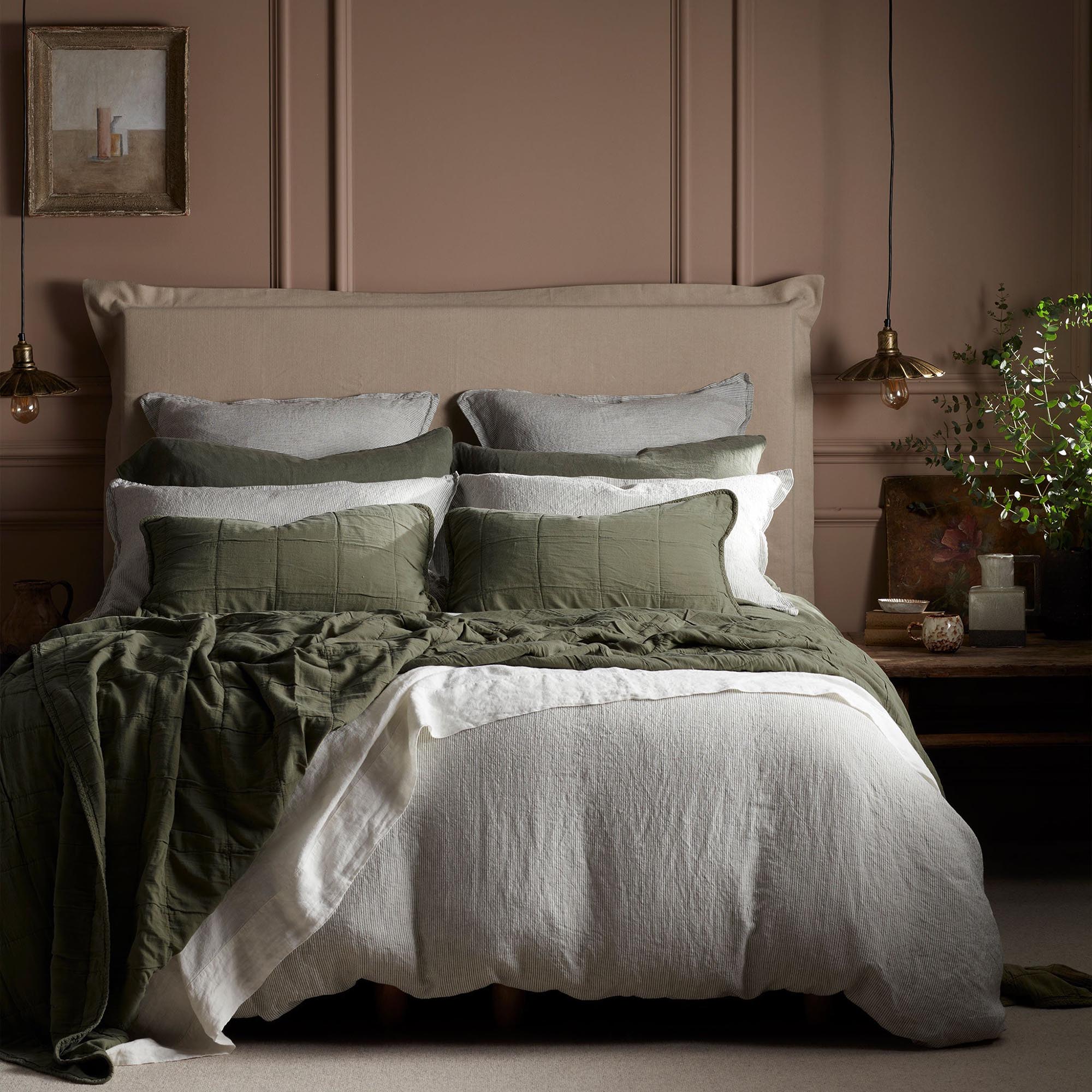 Olive Green Sid Stripe 100% Linen Fitted Sheet