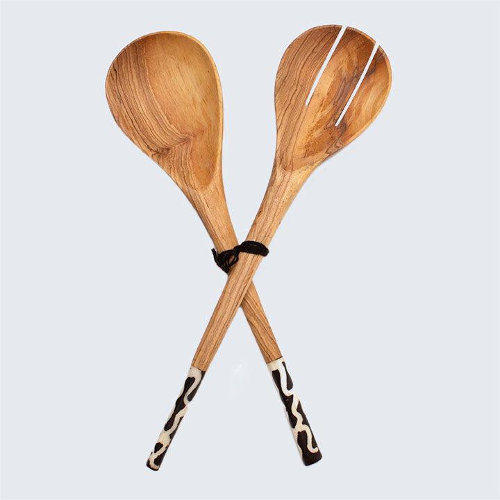 Olive Wood Batik Black and White Salad Servers