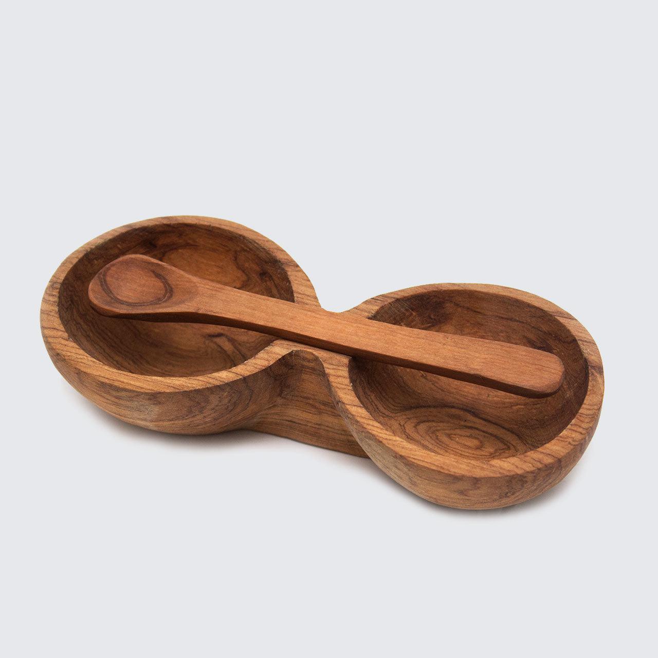 Olive Wood Double Bowl With Spoon