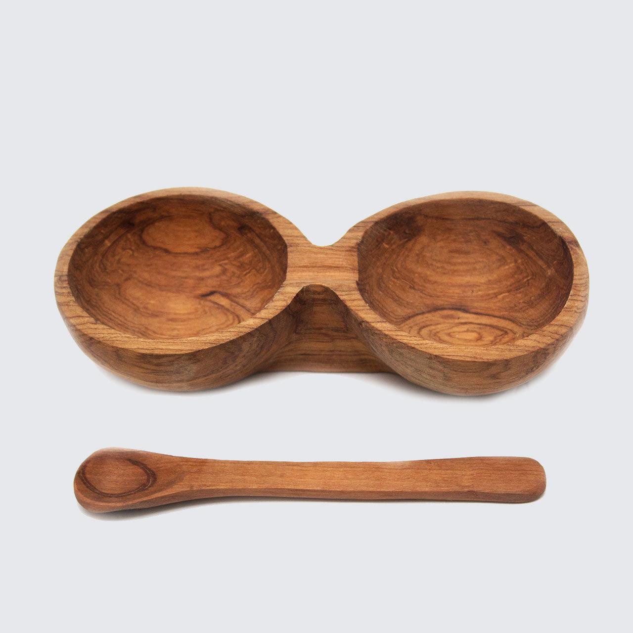 Olive Wood Double Bowl With Spoon