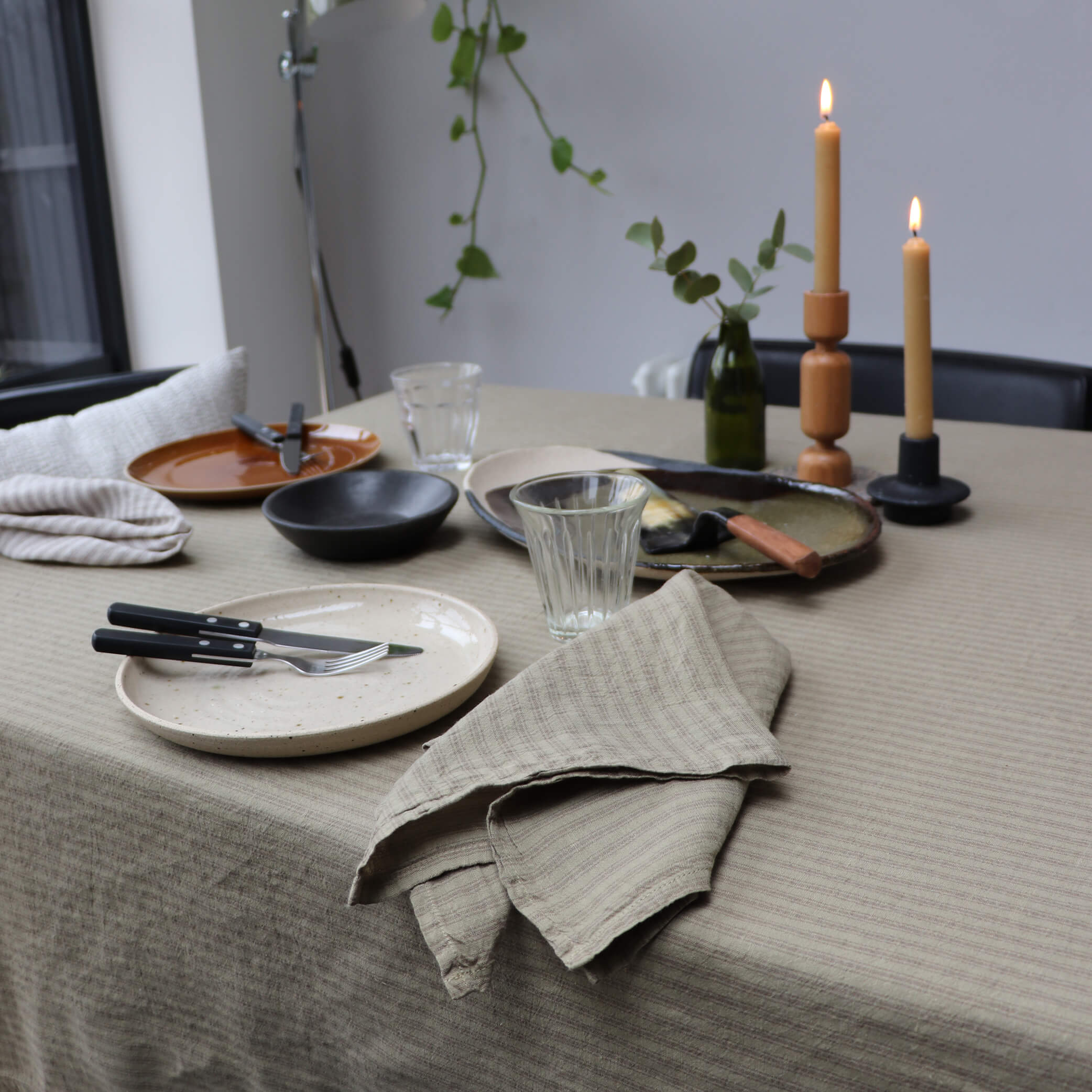 Washed Linen Cotton Ticking Stripe Tablecloth  - Olive