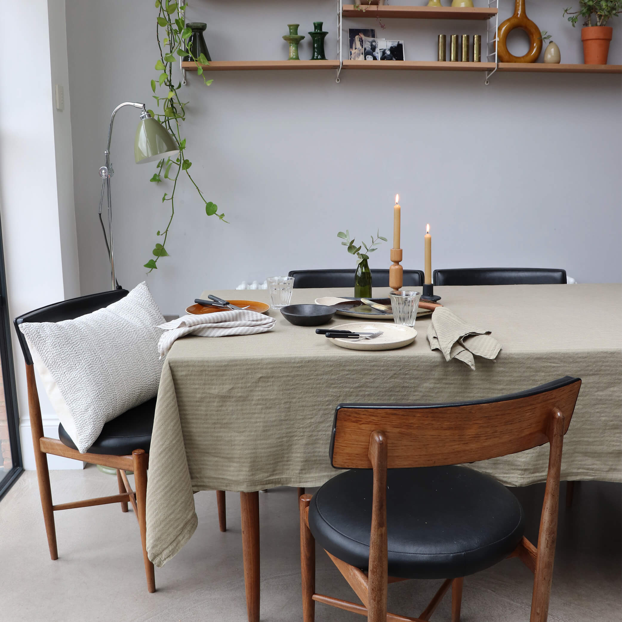 Washed Linen Cotton Ticking Stripe Tablecloth  - Olive