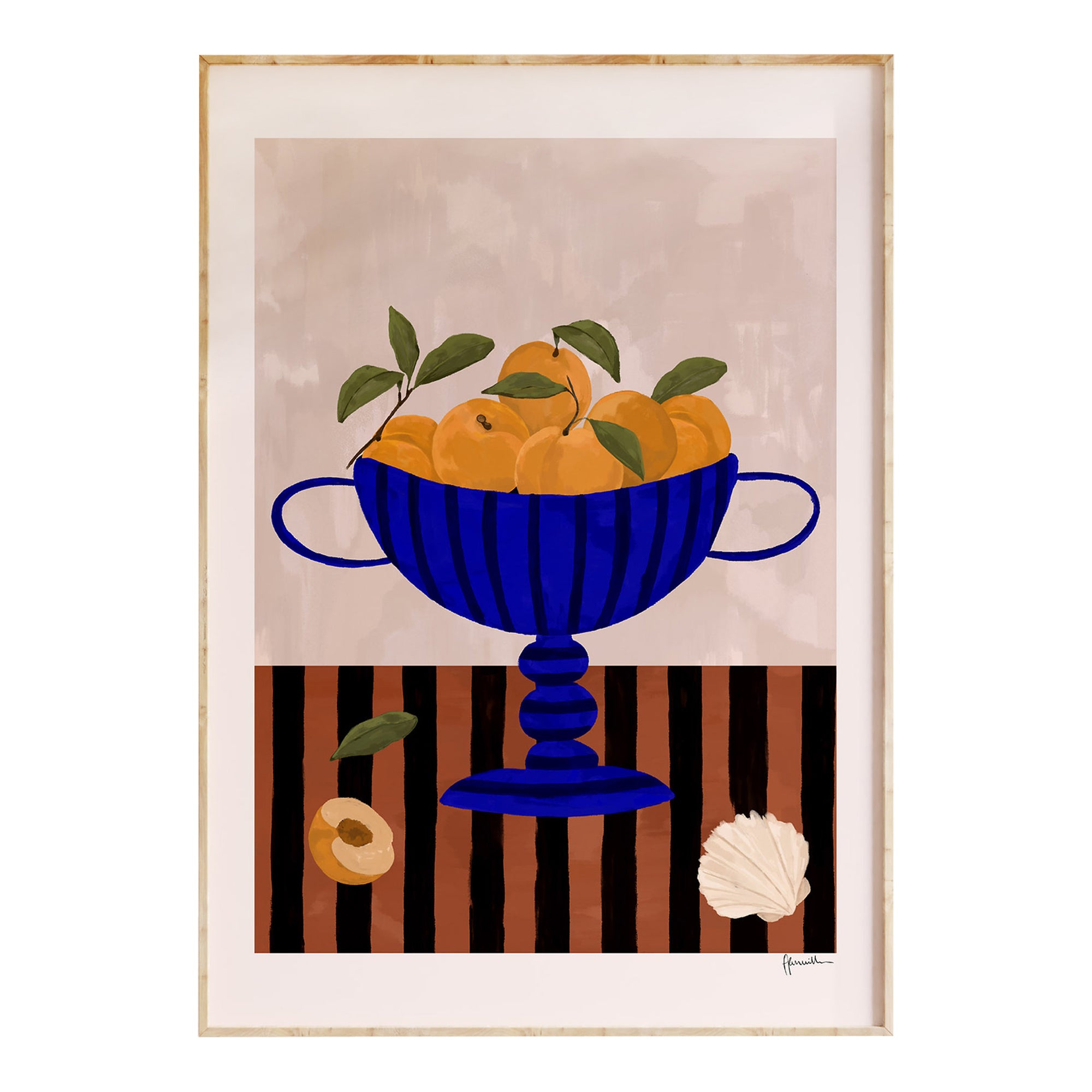 Peaches In Blue Striped Bowl