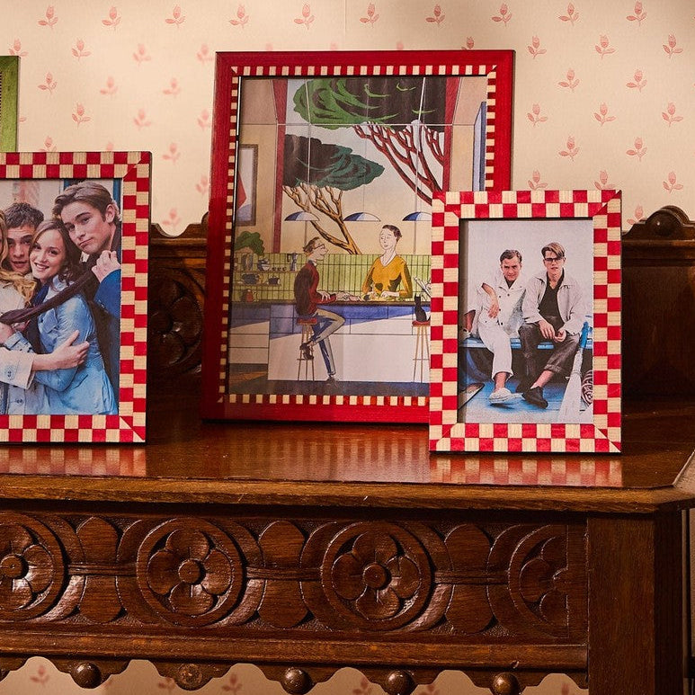Red and White Striped Marquetry Photo Frame