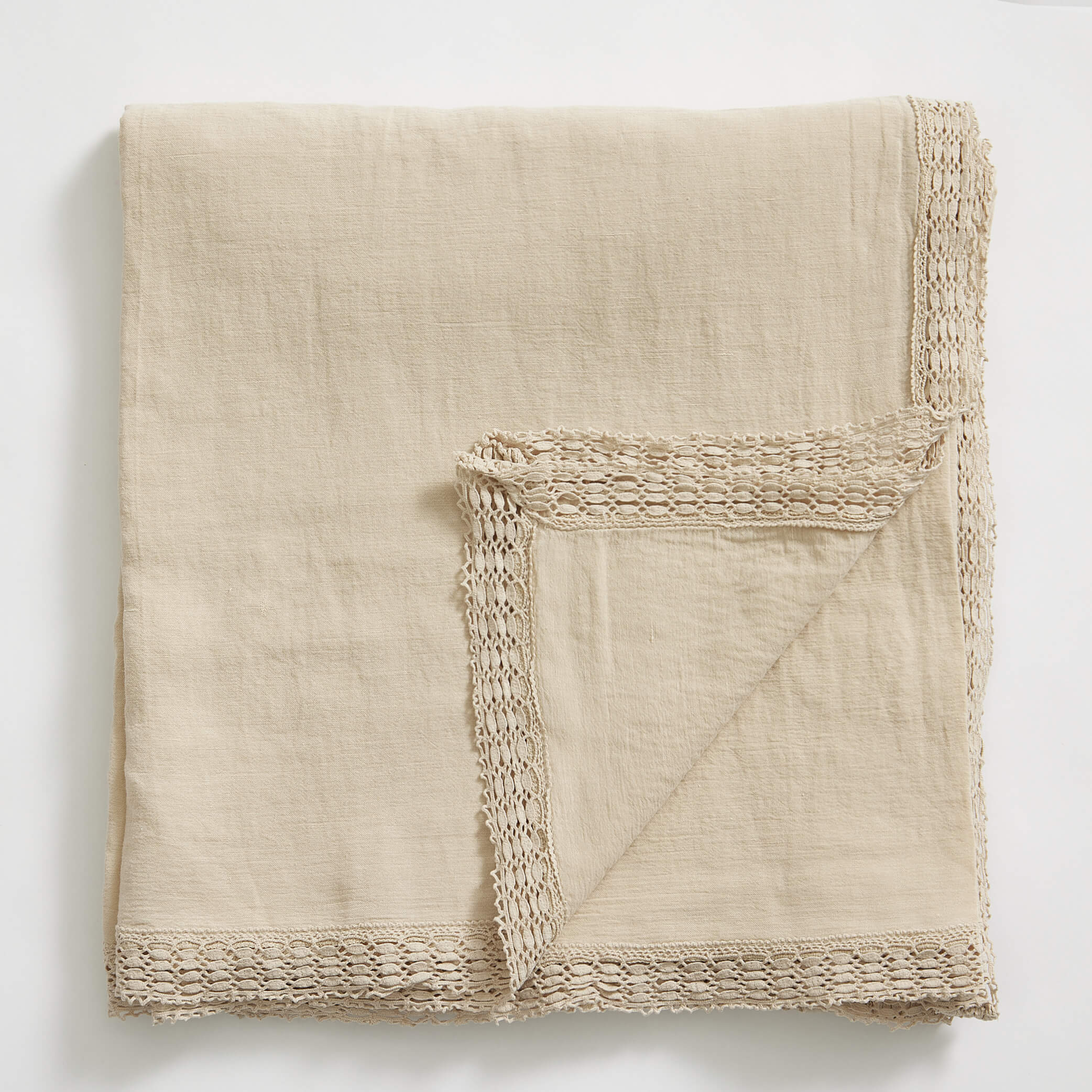 Washed Linen Cotton Tablecloth with Lace edge | Sandstone