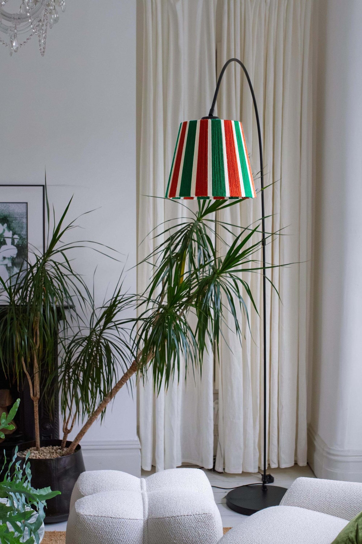 Rust, Ecru & Jade Green Striped Yarn Drum Lampshade