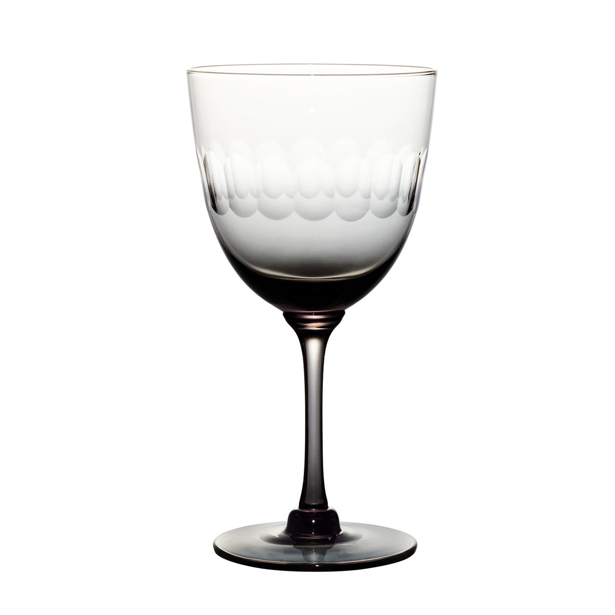 four smoky crystal wine glasses with lens design