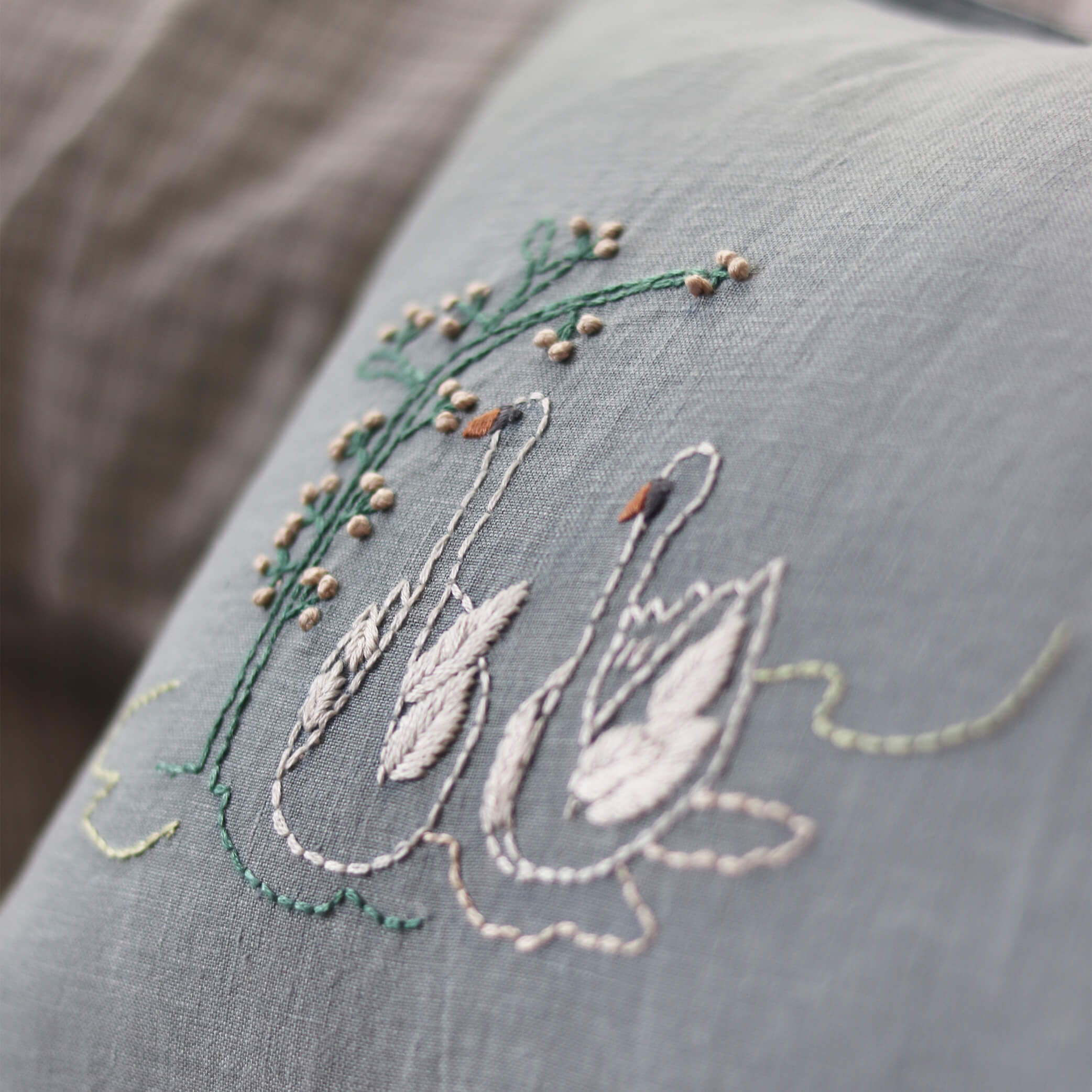 Swan  Embroidered Linen Cushion