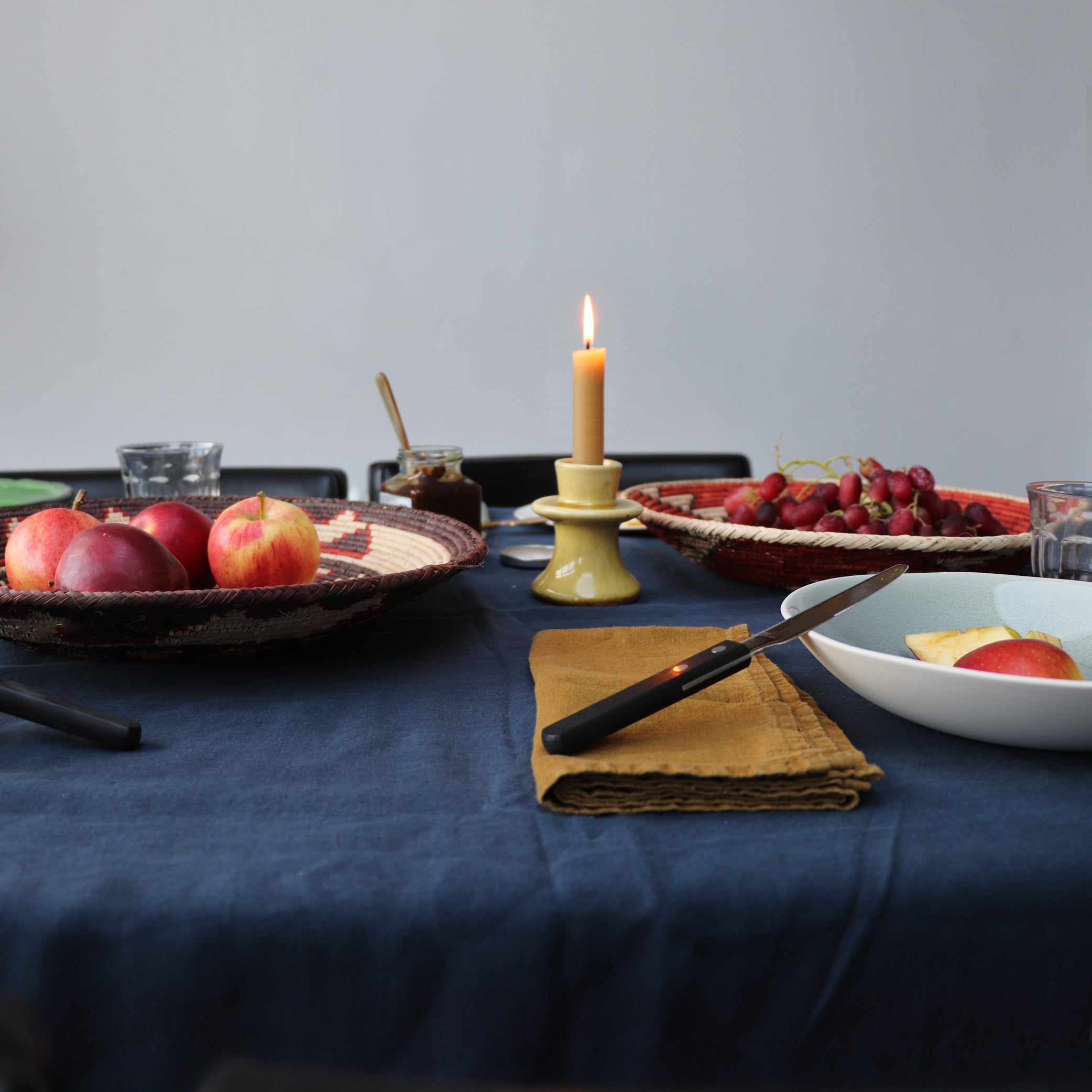 Washed Linen Cotton Tablecloth with Lace edge - Midnight