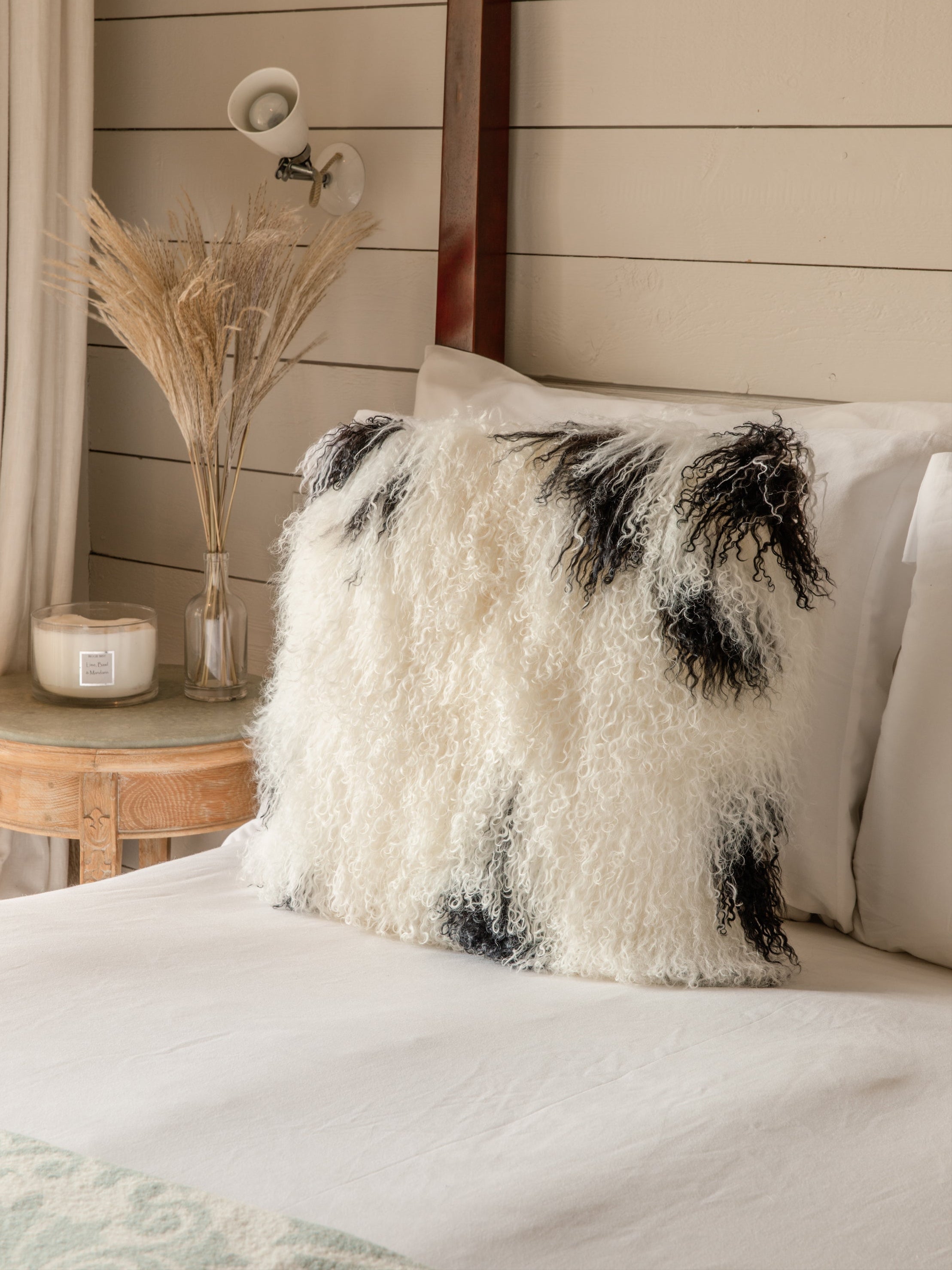 Tibetan Sheepskin Cushion - White & Black