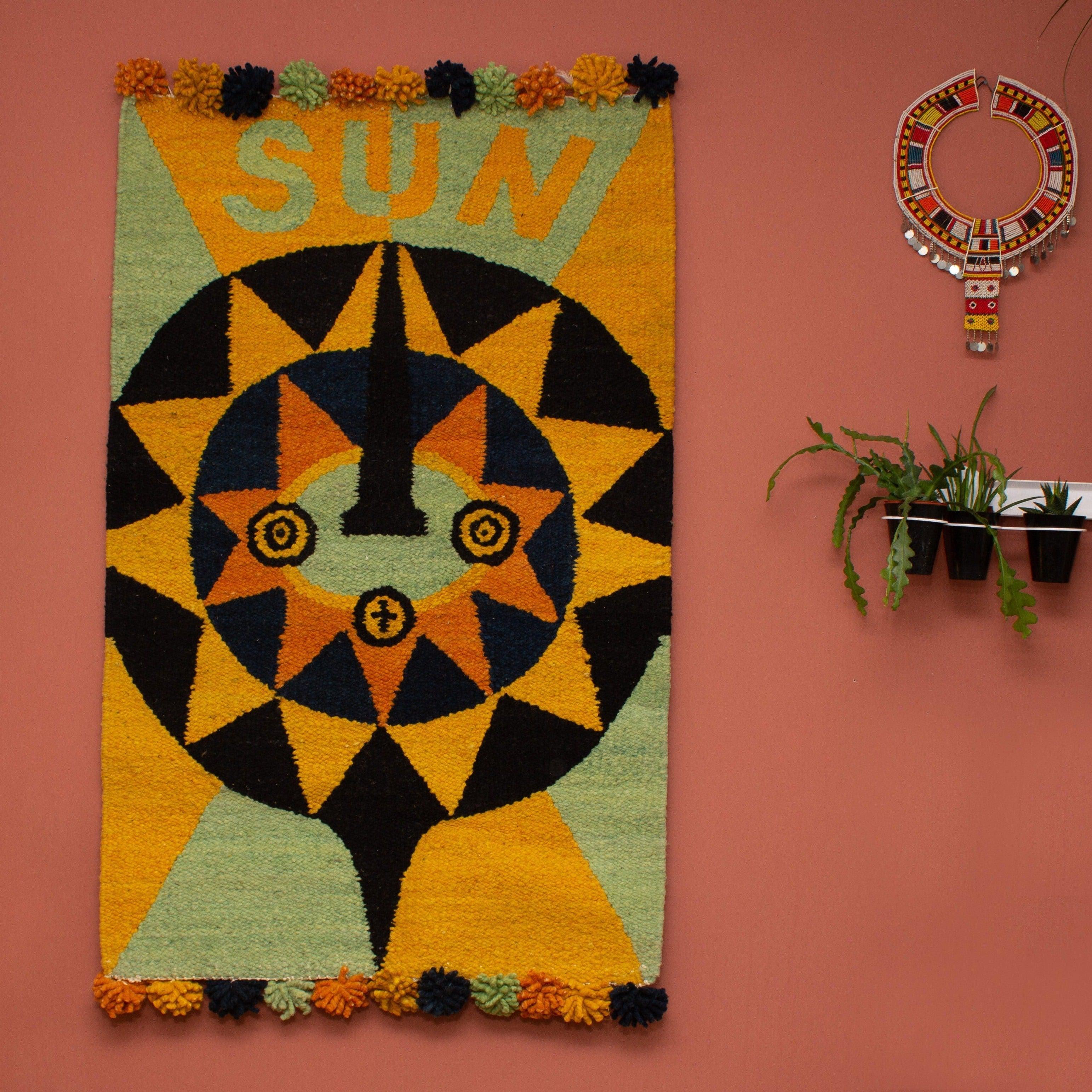 Woven Kenyan Wall Hanging | Rug 'Colourful Sun Mask'