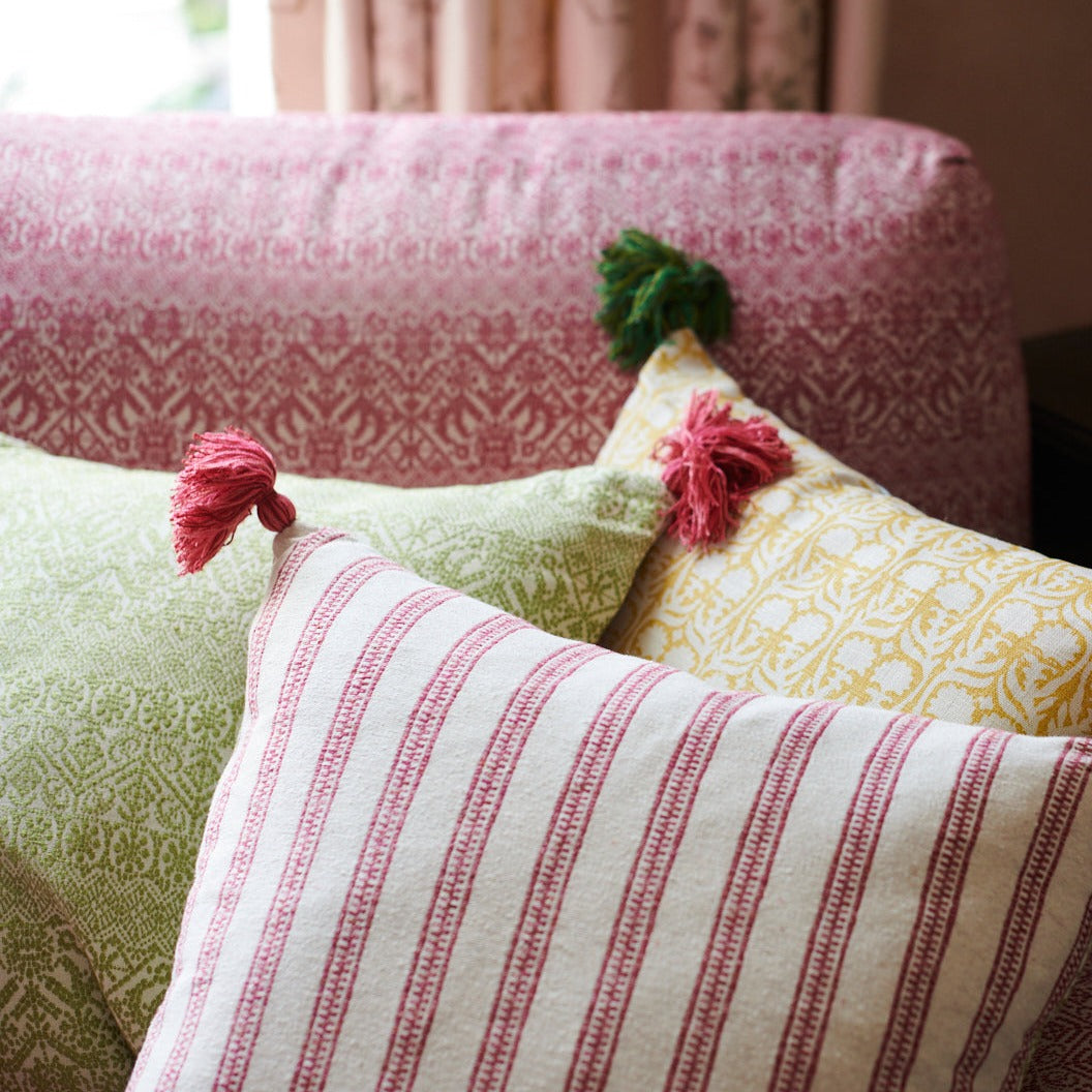 Buriam Lime and Ticking Stripe Rose Cushion with Pink Tassels