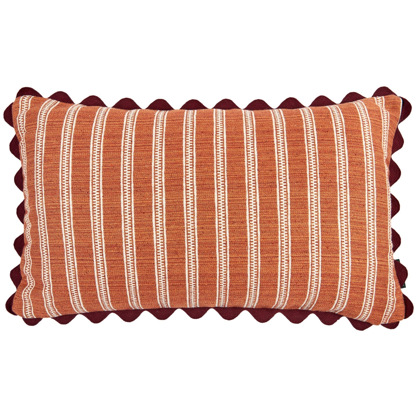 Ticking Stripe Ginger and Diamond Ethnic Nutmeg Cushion with Burgundy Wavy Trim