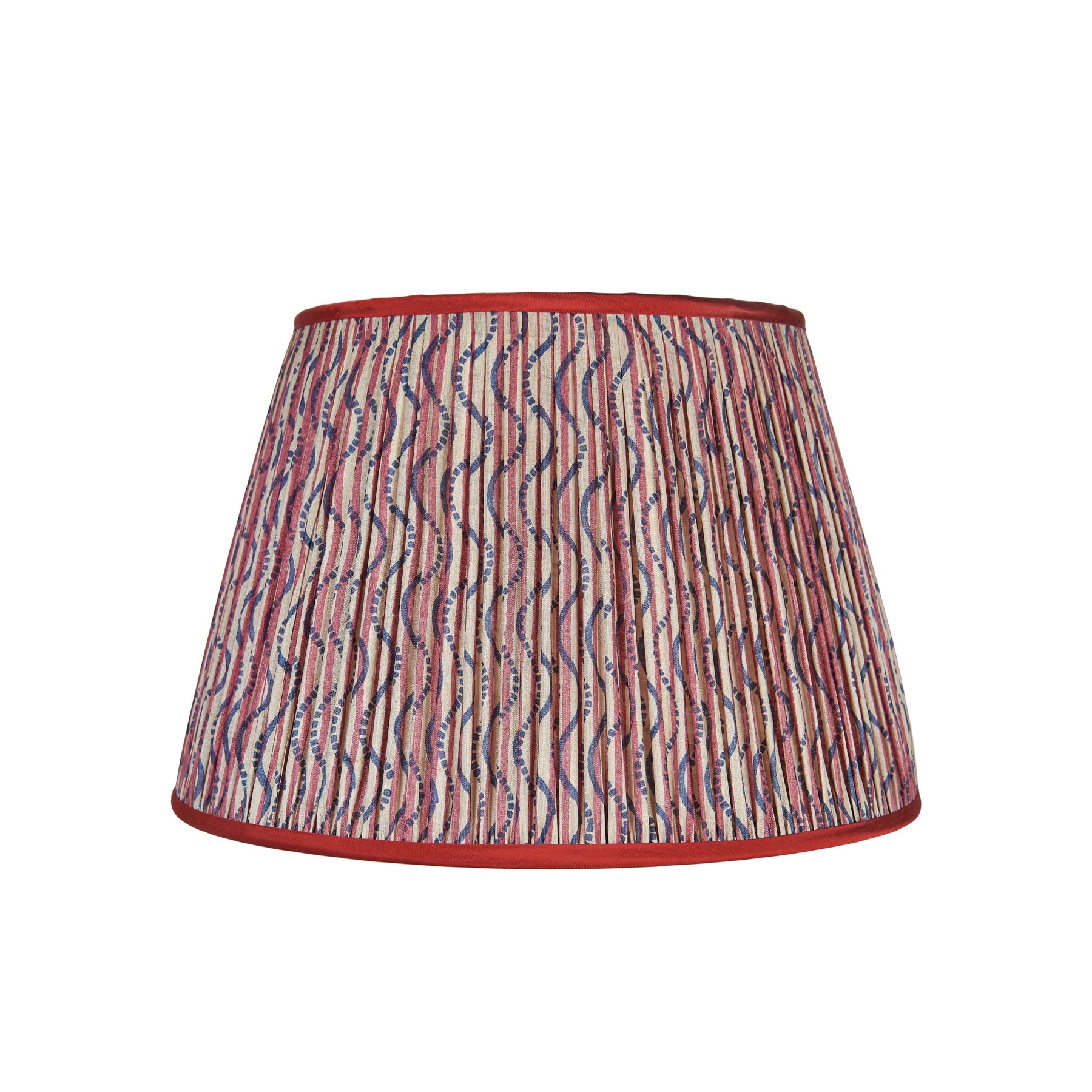 Red and Blue Stripe and Squiggle Pleated Silk Lamp Shade with Red Trim