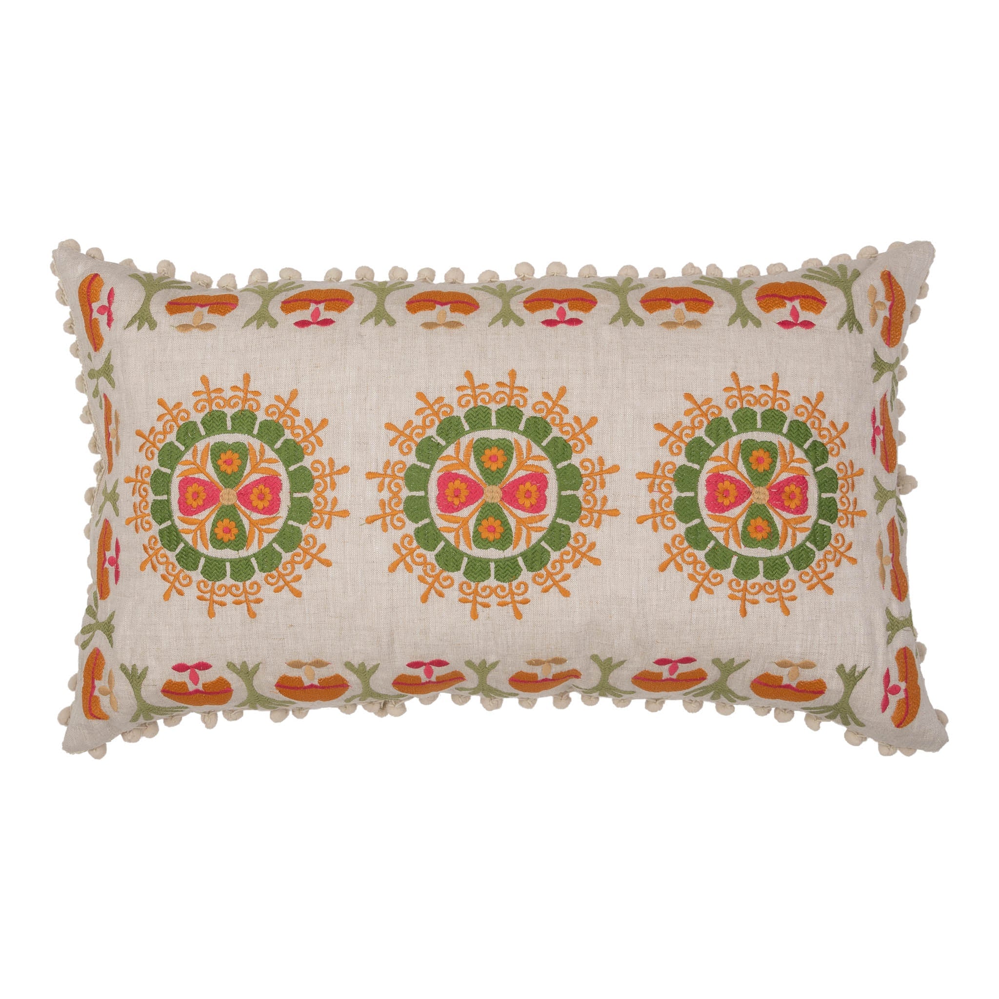 Orange and Green Embroidered Folk Cushion with White Pom-Poms