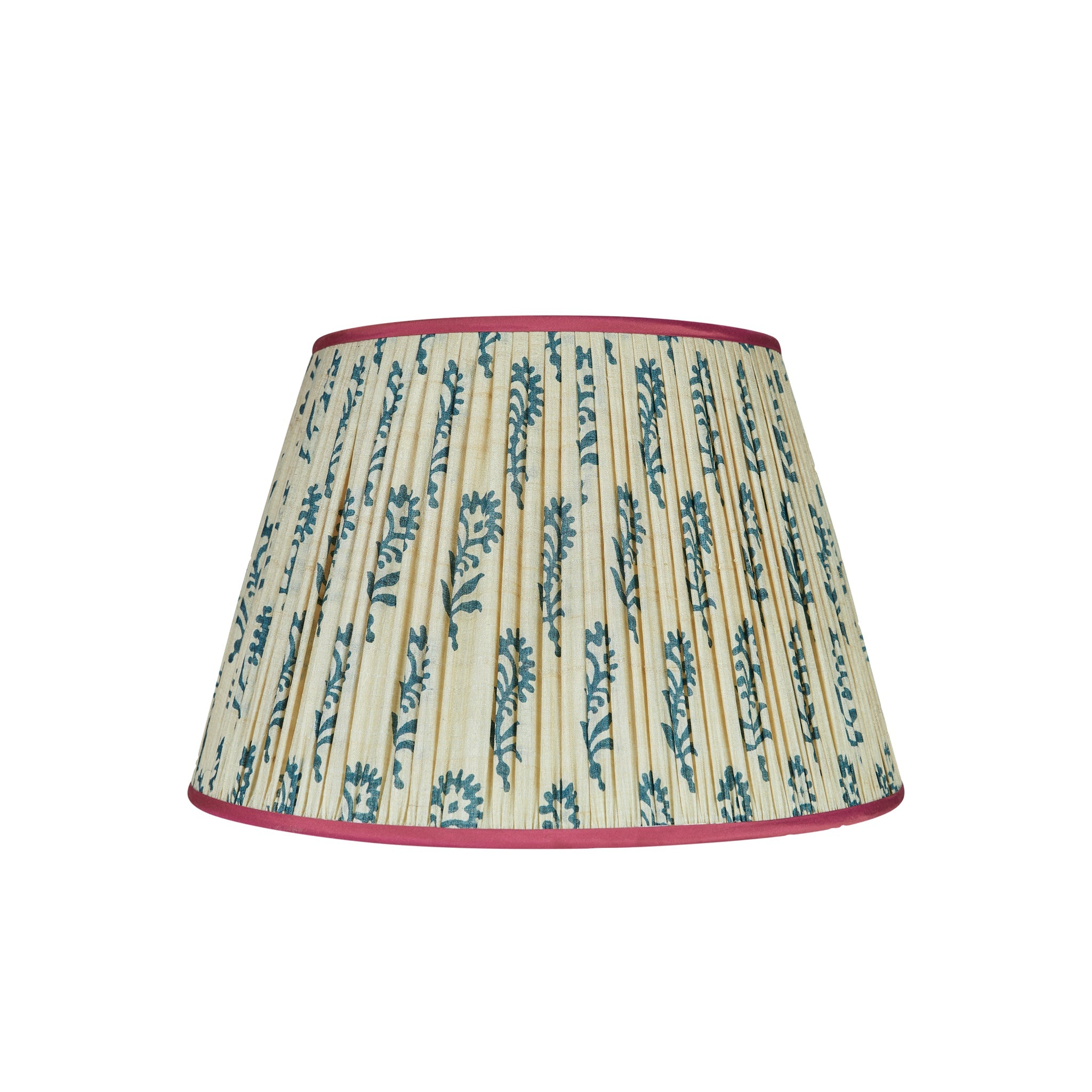 Cream and Blue Flower Pleated Silk Lampshade with Pink Trim
