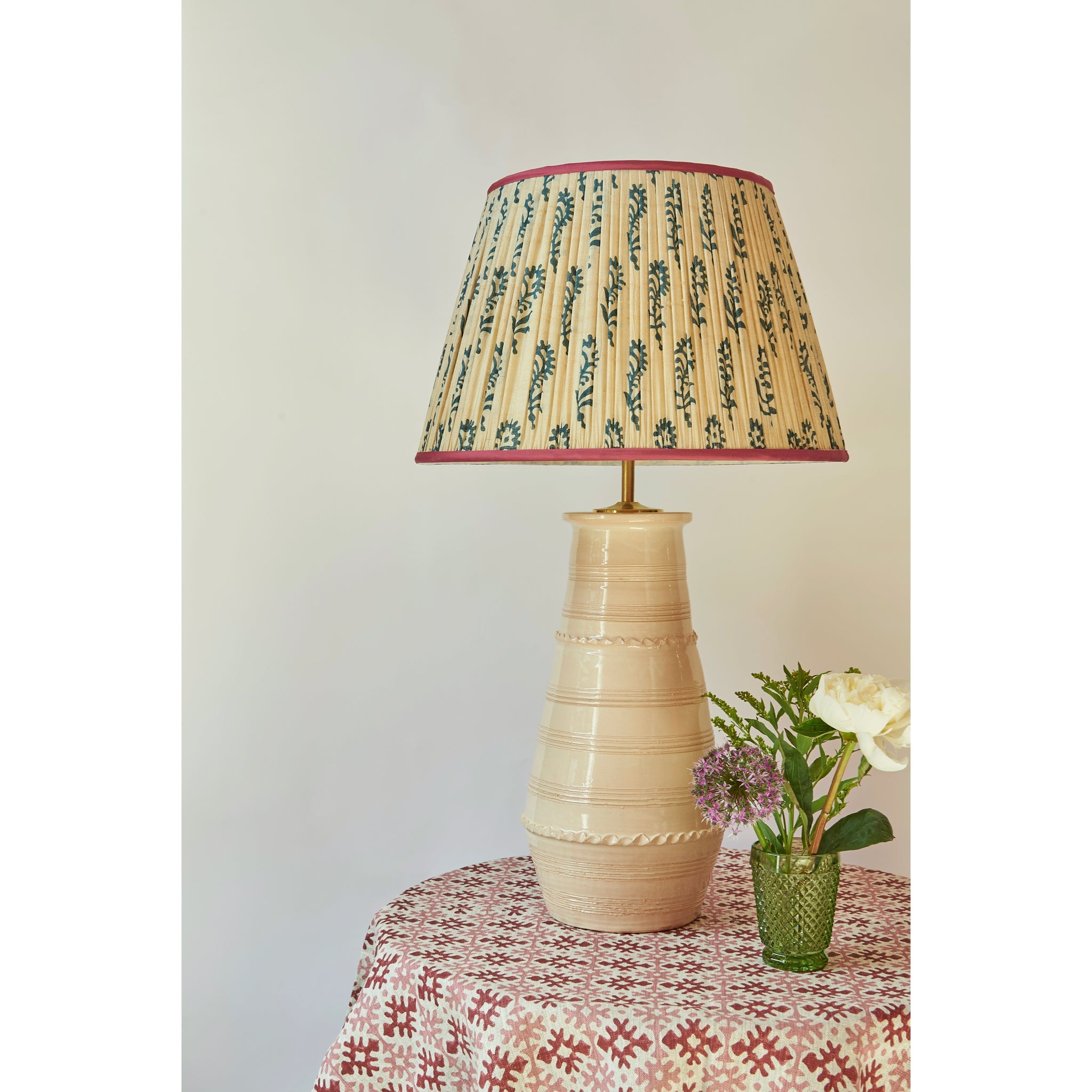 Cream and Blue Flower Pleated Silk Lampshade with Pink Trim