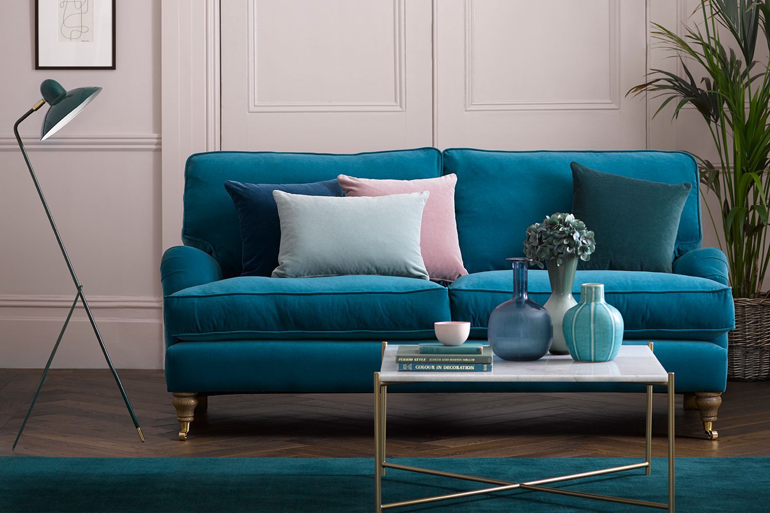 Teal blue deals velvet sofa